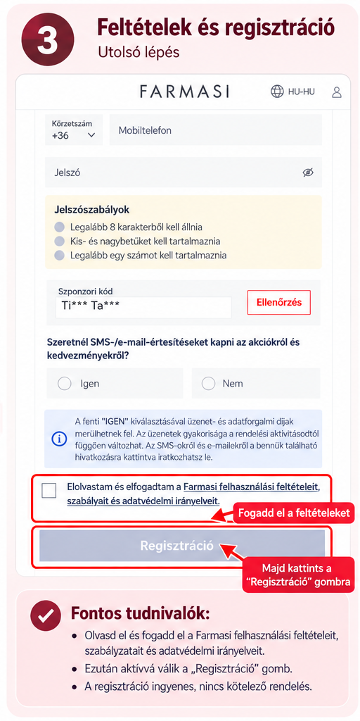 Farmasi regisztráció - feltételek elfogadása és regisztráció